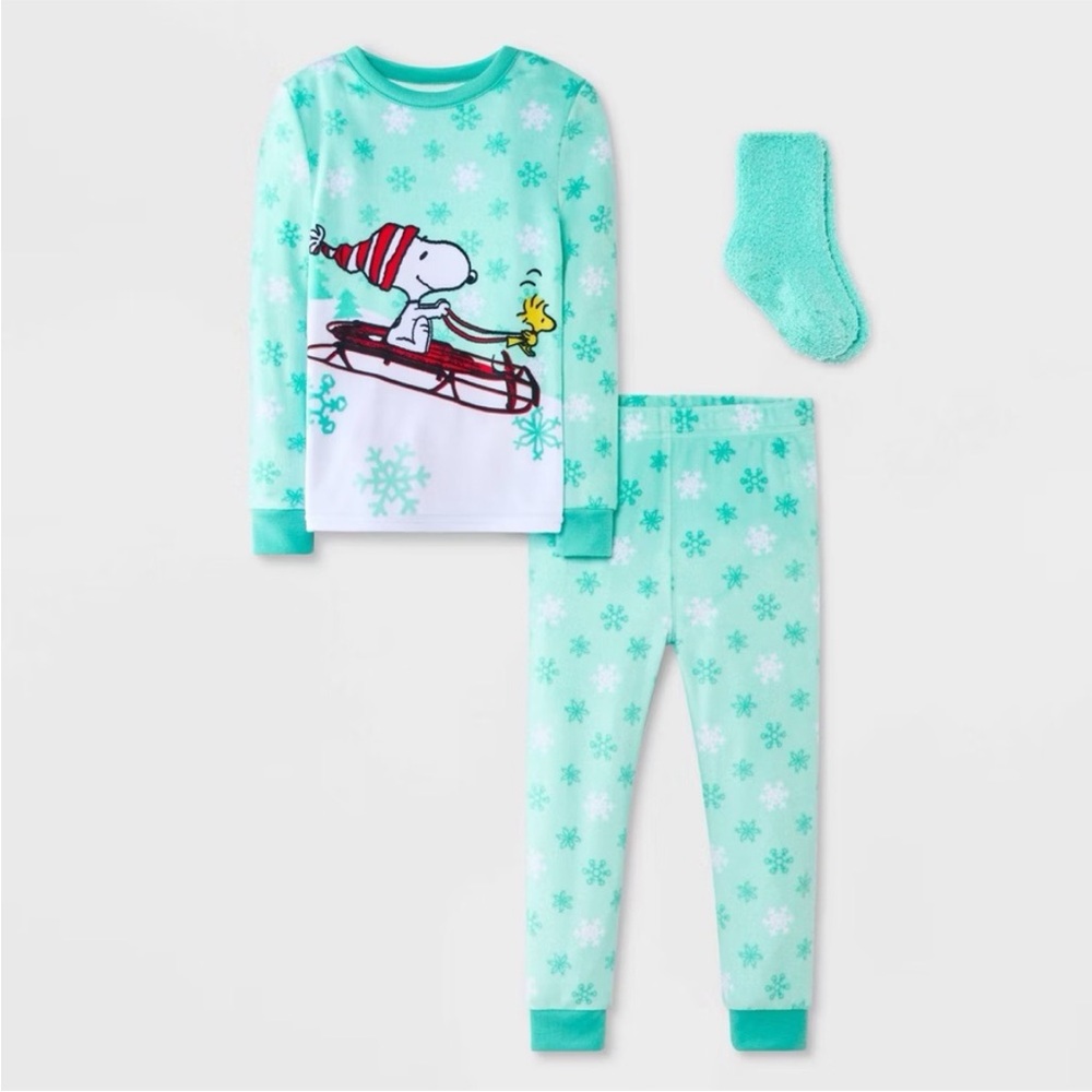 Toddler 2pc Snoopy Snuggly Soft Pajama Set with Socks Aqua Blue 2T, 3T or 5T NWT